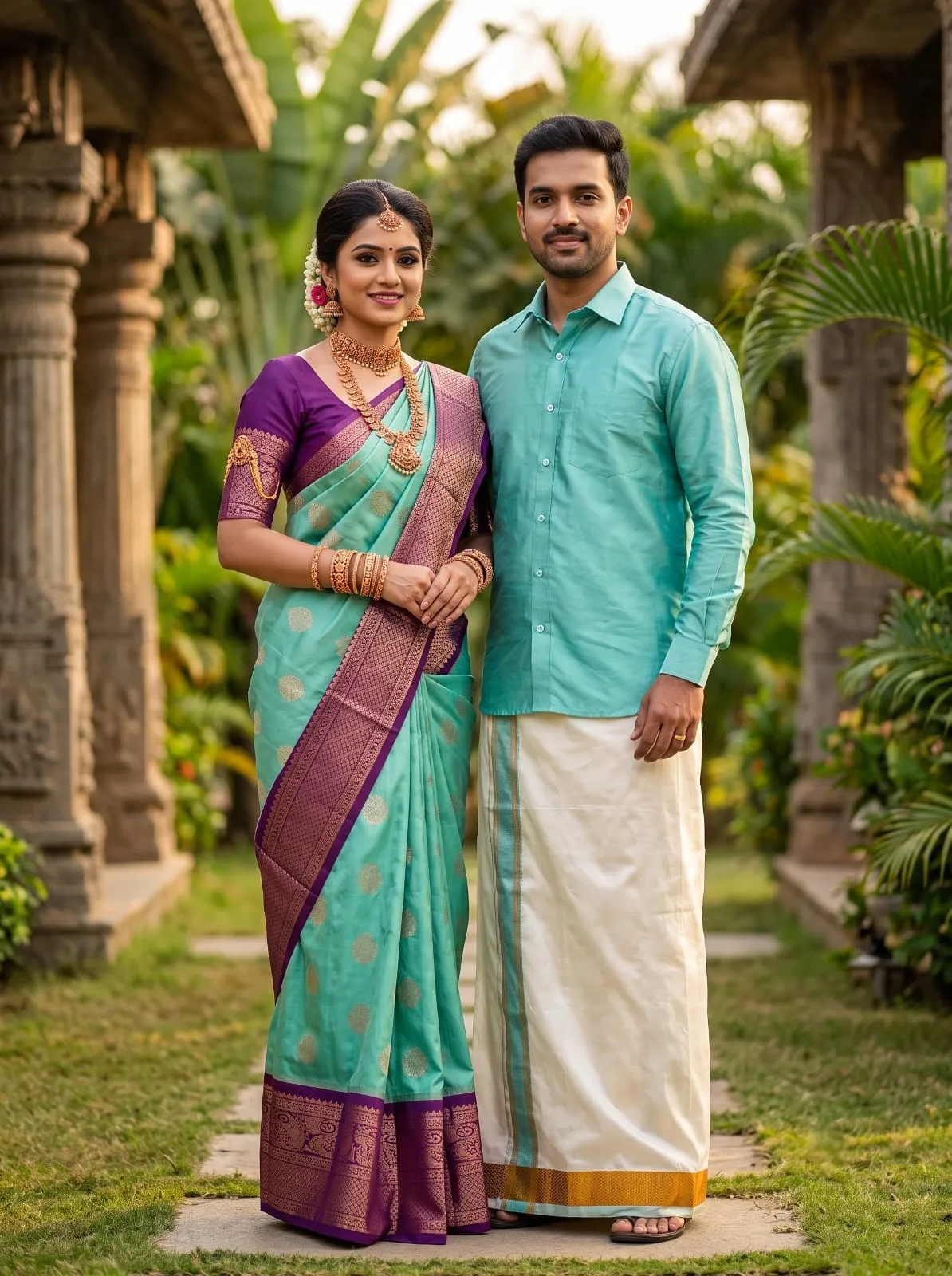 Aqua Teal Plum Kottanji Korvai Couple Silk Set